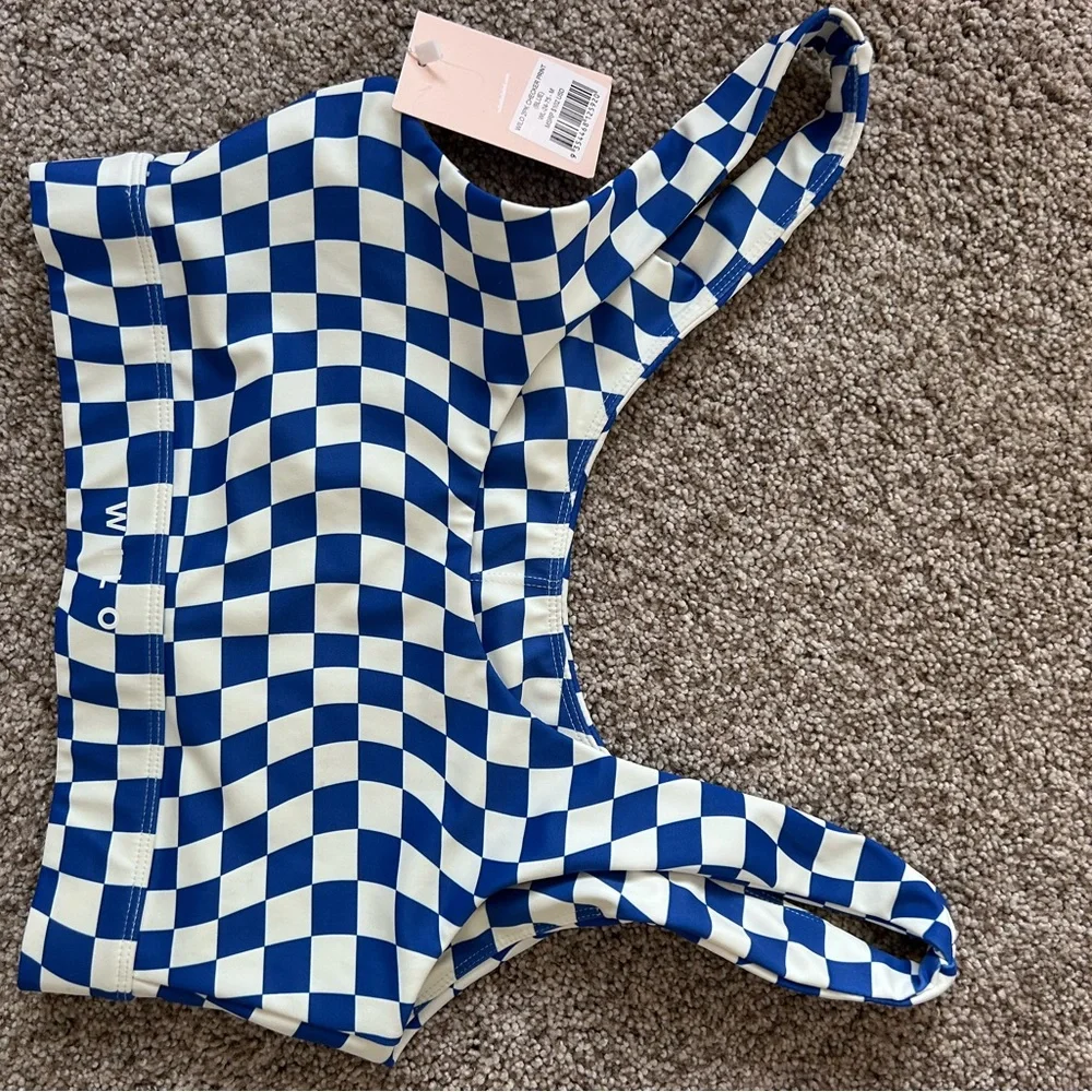 NWT Wilo The Label Blue and White Check The Wave Bike shorts and Bra set. Medium - Picture 5 of 11